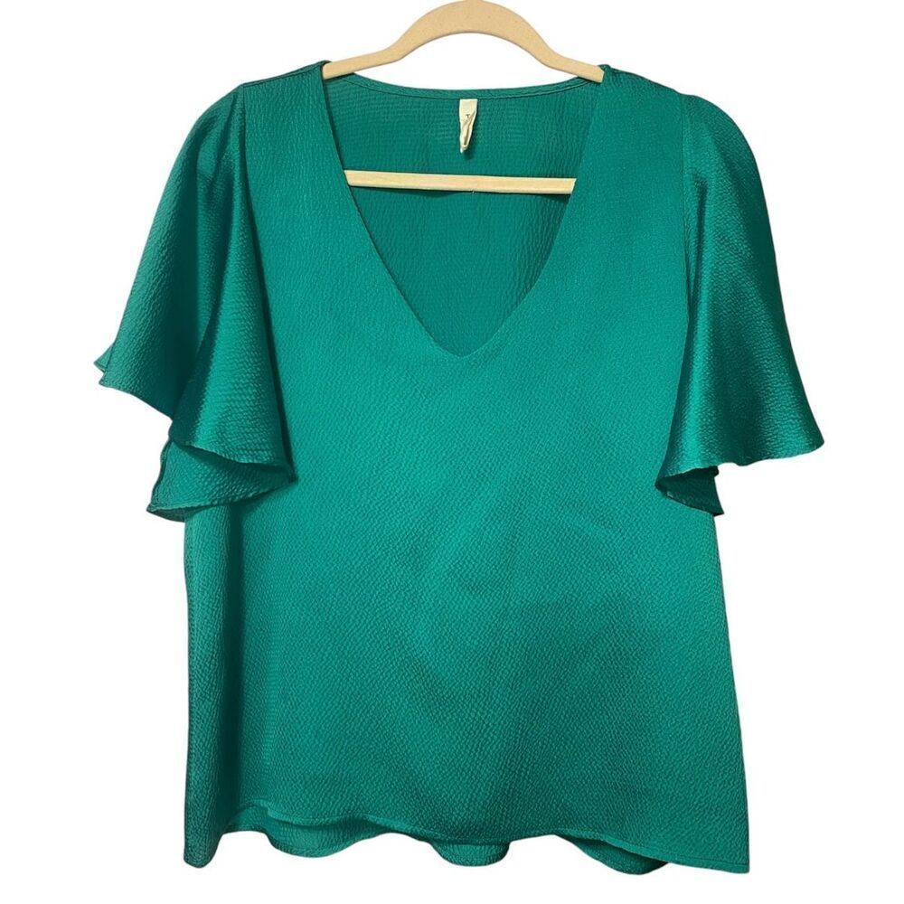 Tyche Flutter Sleeve Kelly Green V-Neck Top Sz. L Holidays, Cocktail